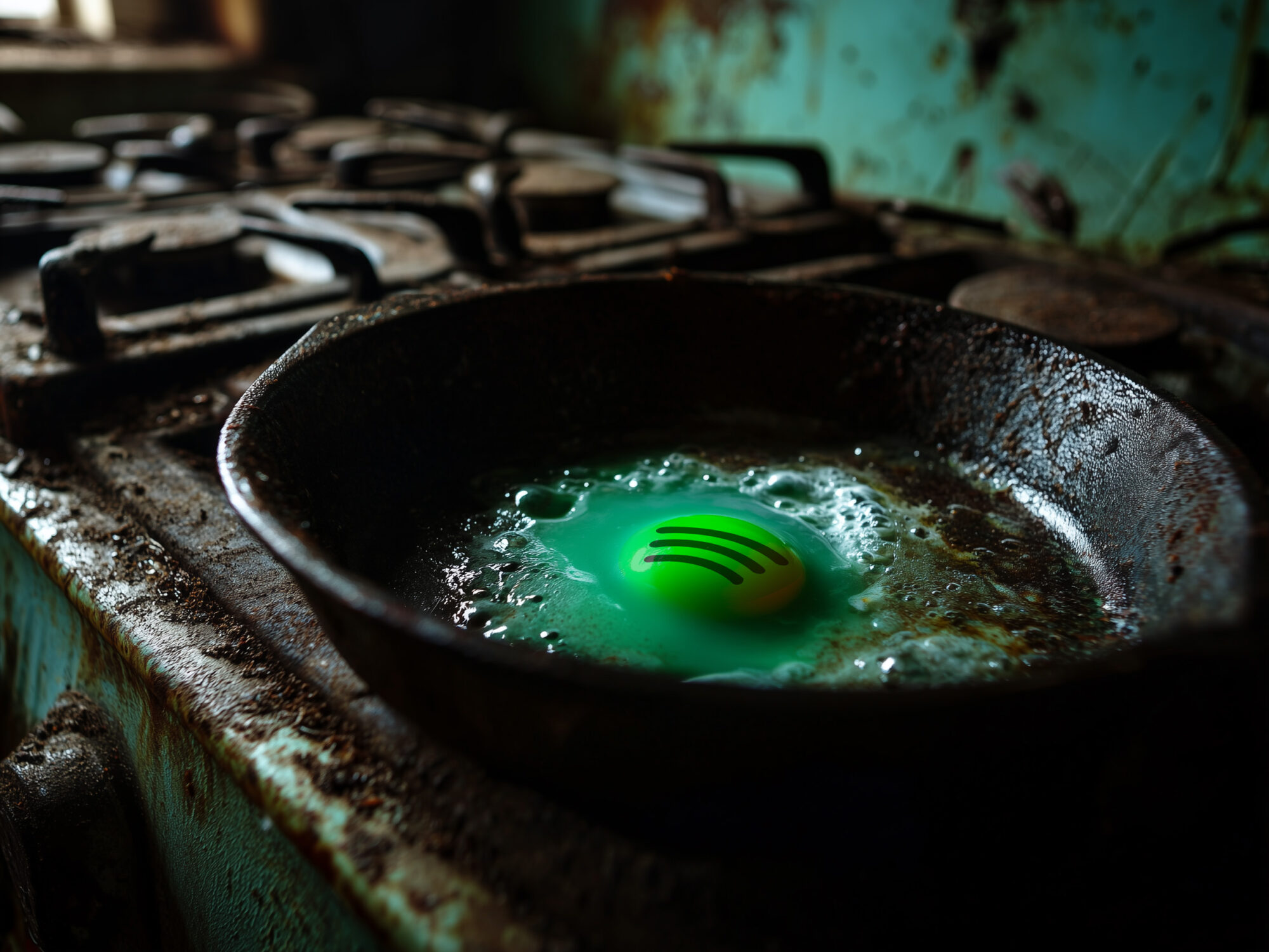 in a crusty cast iron frying pan on a filthy old gas stove, a questionable-looking egg is frying, its yolk is bright green and contains a distorted Spotify logo.